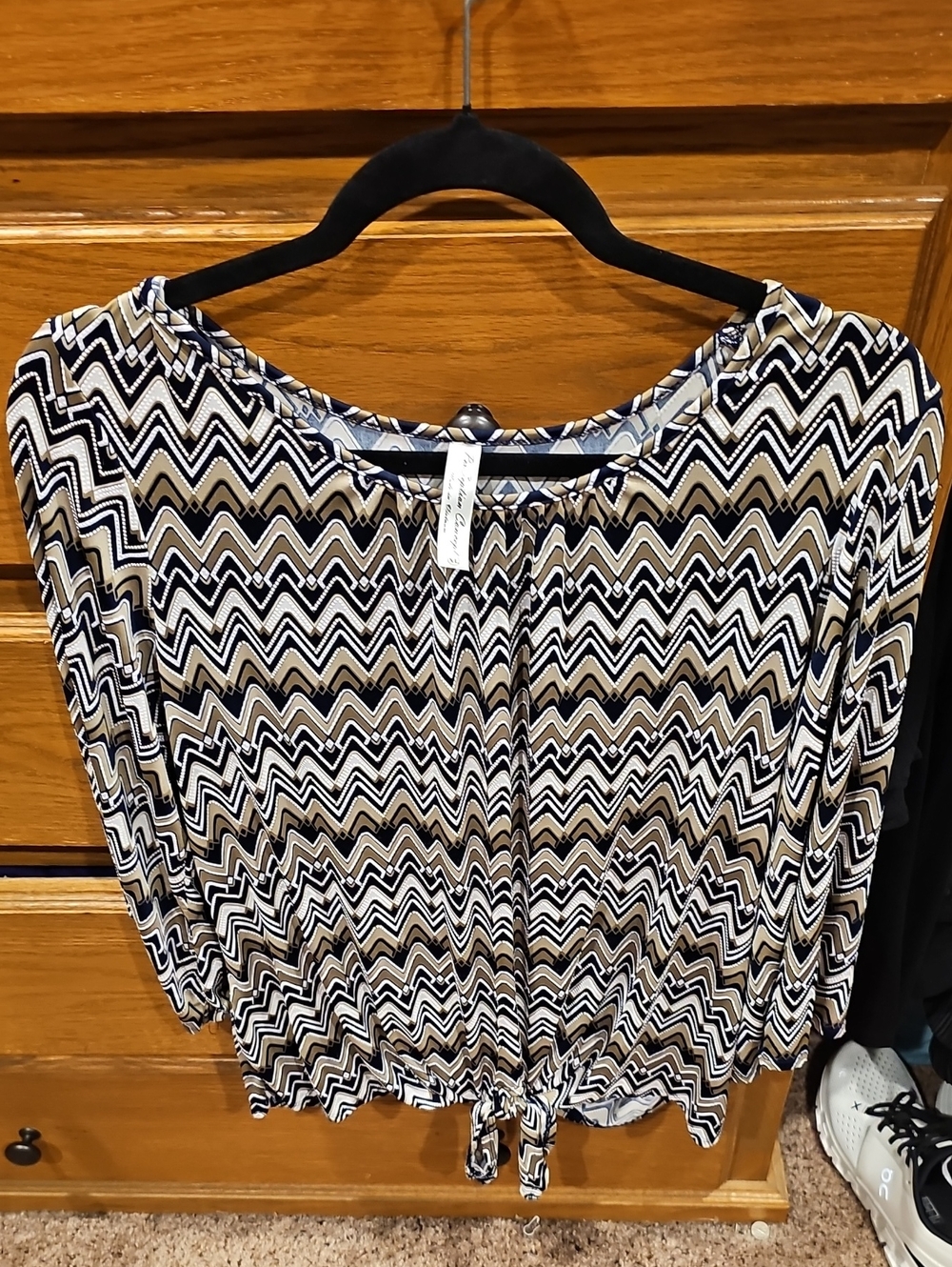 PerSeption Concept Zigzag Tie-Hem Tunic in Navy, White & Tan
